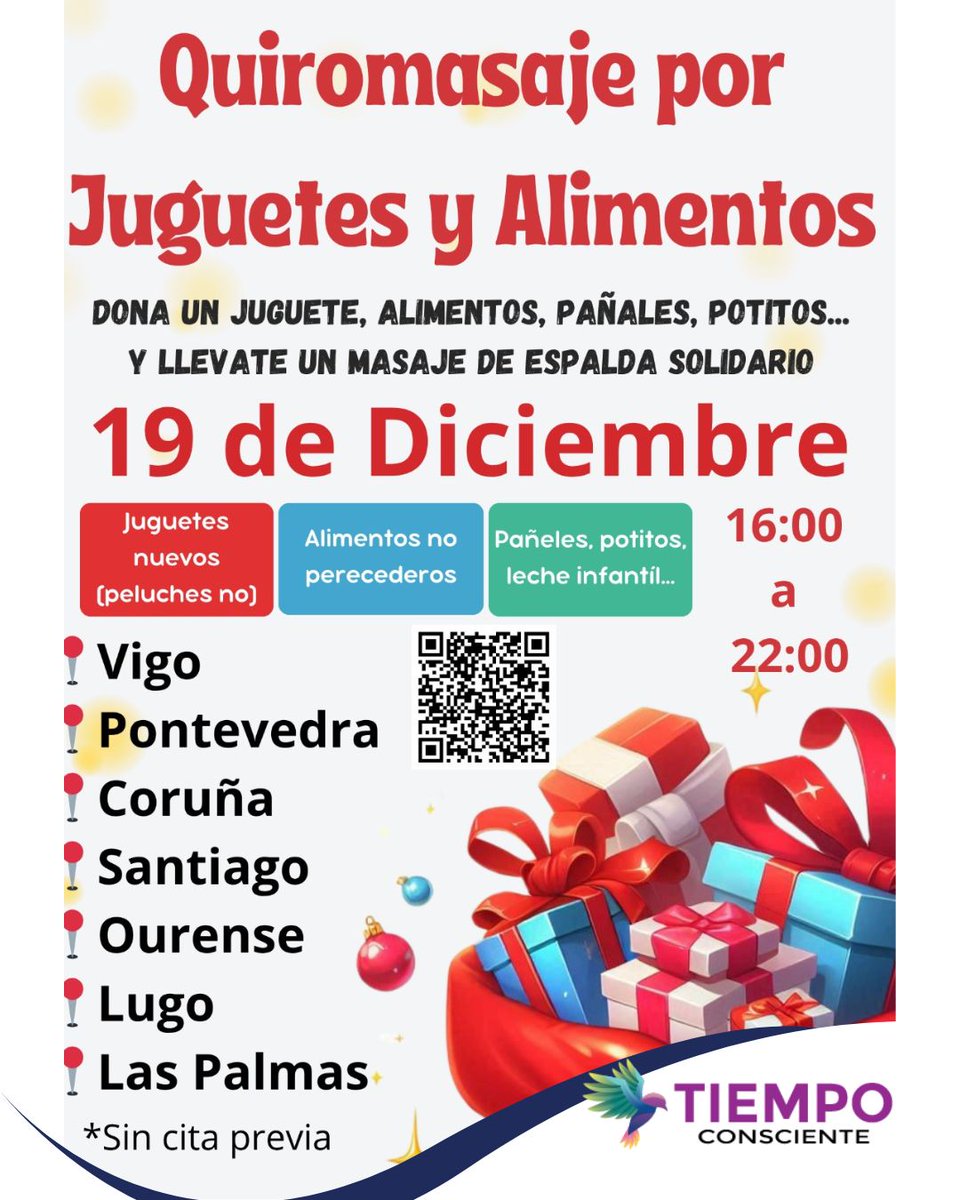infoconsciente's tweet image. Quiromasaje por juguetes y dia de la solidaridad_🙌
🧐 19 de diciembre de 16:00 a 22:00 en:

📍Vigo
📍Pontevedra
📍Coruña 
📍Santiago 
📍Ourense
📍Lugo
📍Las Palmas
📢 Recogemos:
🏓Juguetes nuevos (peluches no)
🥫Alimentos no perecederos
🍼Alimentación de bebés y pañales🧑‍🍼