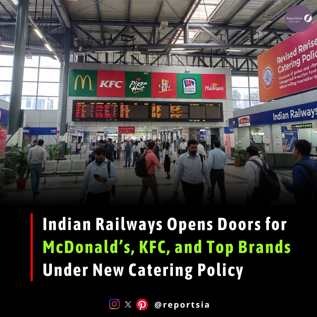 reportsia's tweet image. Indian Railways has revised its catering policy — allowing McDonald’s, KFC, Pizza Hut, Baskin Robbins, Haldiram’s &amp;amp; more top brands to open outlets at stations via a transparent e-auction system.

#IndianRailways #IRCTC #RailwayReforms #TravelNews #IndiaUpdates #fyp