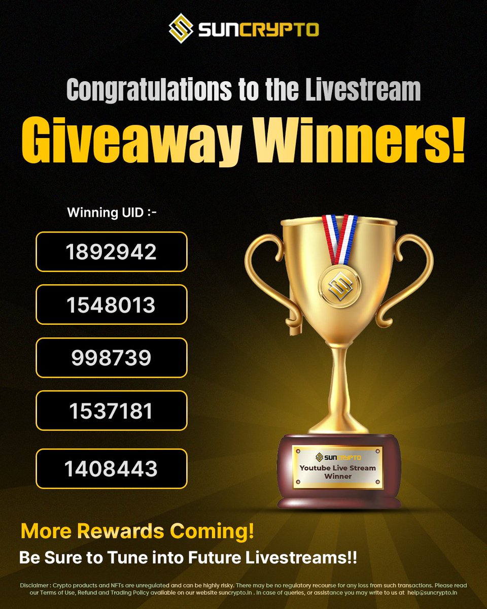 🥳MEET THE LIVE SESSION GIVEAWAY WINNERS! 🥳

A huge congratulations to all who won the YouTube Live Session giveaway and grabbed a share of the ₹5,000 prize pool 🔥💰

But hey, if you missed it— don’t worry! 👀 

Keep an eye on SunCrypto's official YouTube channel for more such