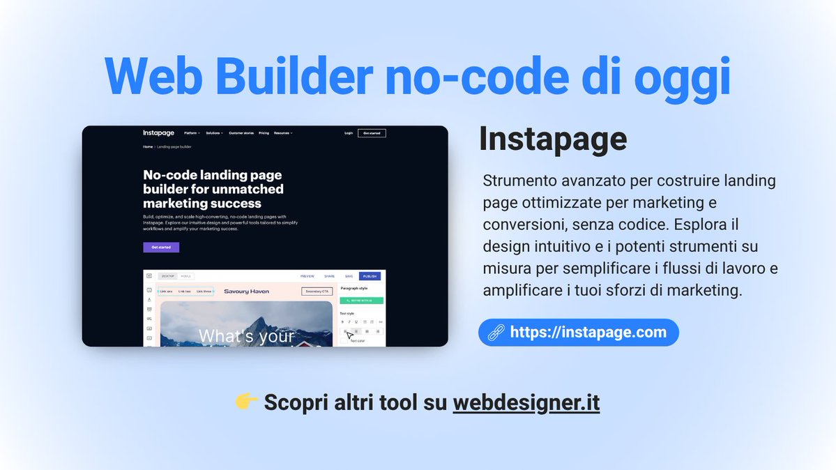 's tweet image. #Tooldioggi

Instapage
Strumento avanzato per costruire landing page ottimizzate per marketing e conversioni, senza codice. 

Scopri altri tool su webdesigner.it

#webdesign #nocode #uxdesign #webbuilder #webdesignerit #digitaltools #instapage