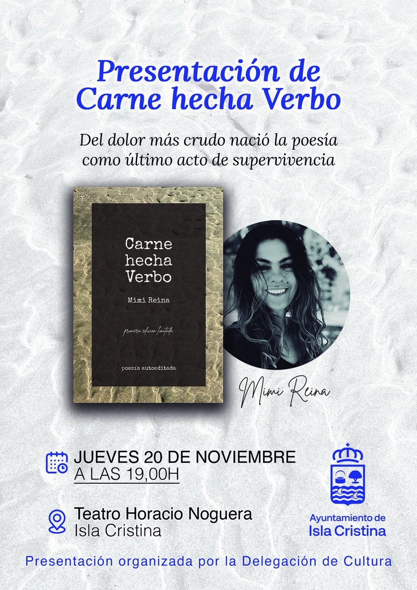 Presentación del libro "Carne hecha verbo".
Autora: Mimi Reina
Teatro Municipal Horacio Noguera
20 de noviembre, a las 19:00 horas.
#islacristina #presentacionlibro #horacionogueras