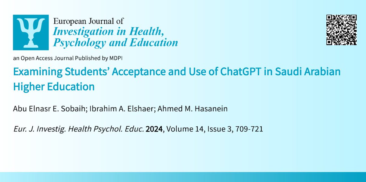 EJIHPE_MDPI's tweet image. 🥳Welcome to read #HighlyCitedPaper👉&quot;Examining #StudentsAcceptance and #UseofChatGPT in #SaudiArabianHigherEducation&quot;📰by🧑‍🏫Dr.  A. E. E. Sobaih et al.:📌mdpi.com/2254-9625/14/3…
#ChatGPT #Chatbot #artificialintelligence #technologyuse