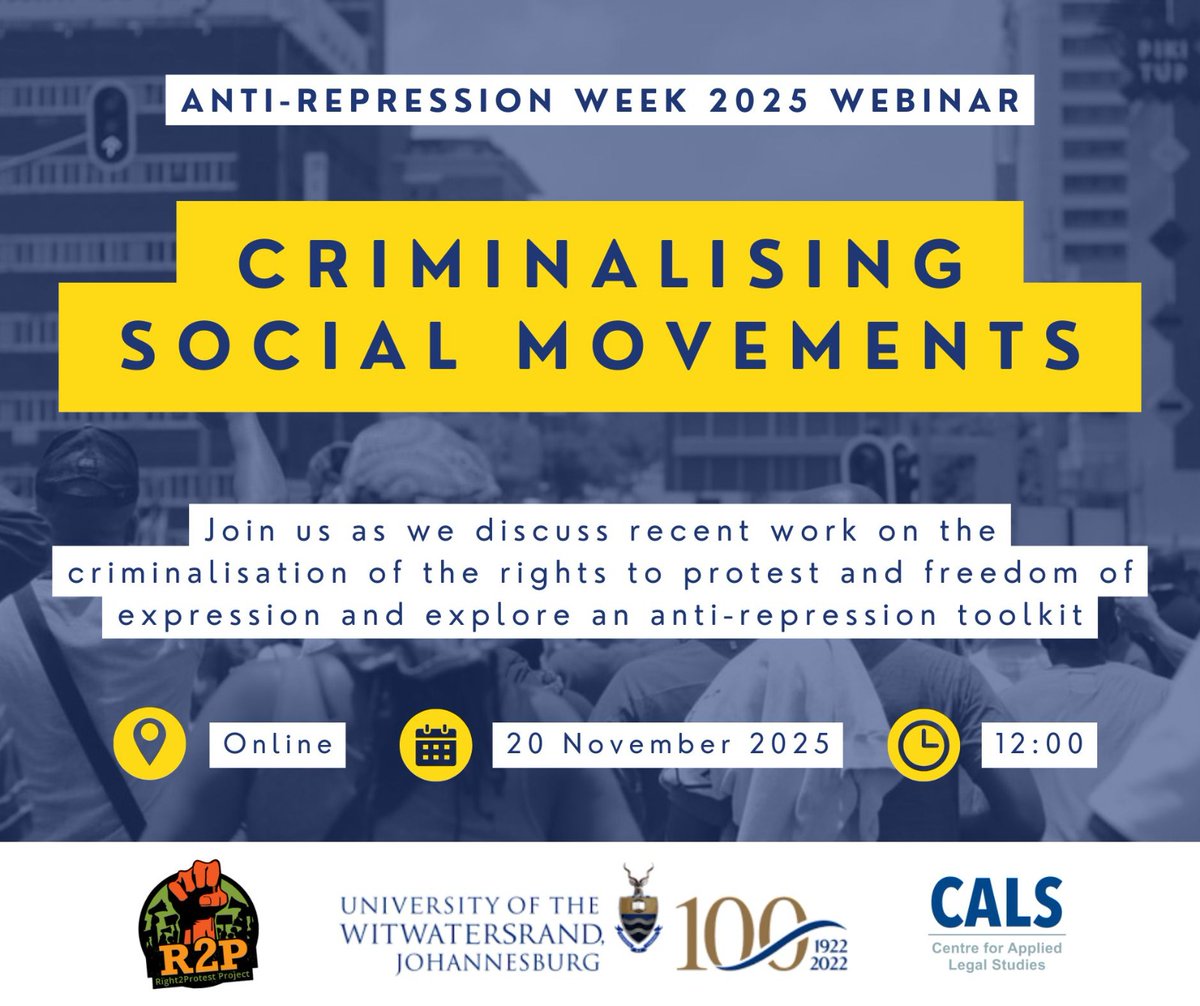 CALS_ZA's tweet image. Our final webinar for this year's #AntiRepressionWeek will see @ProtestZa unpacking some of its recent work on the criminalisation of social movements

📅 20 November
🕛 12:00
📍 MS Teams 

🔗 Register: events.teams.microsoft.com/event/8062e328…