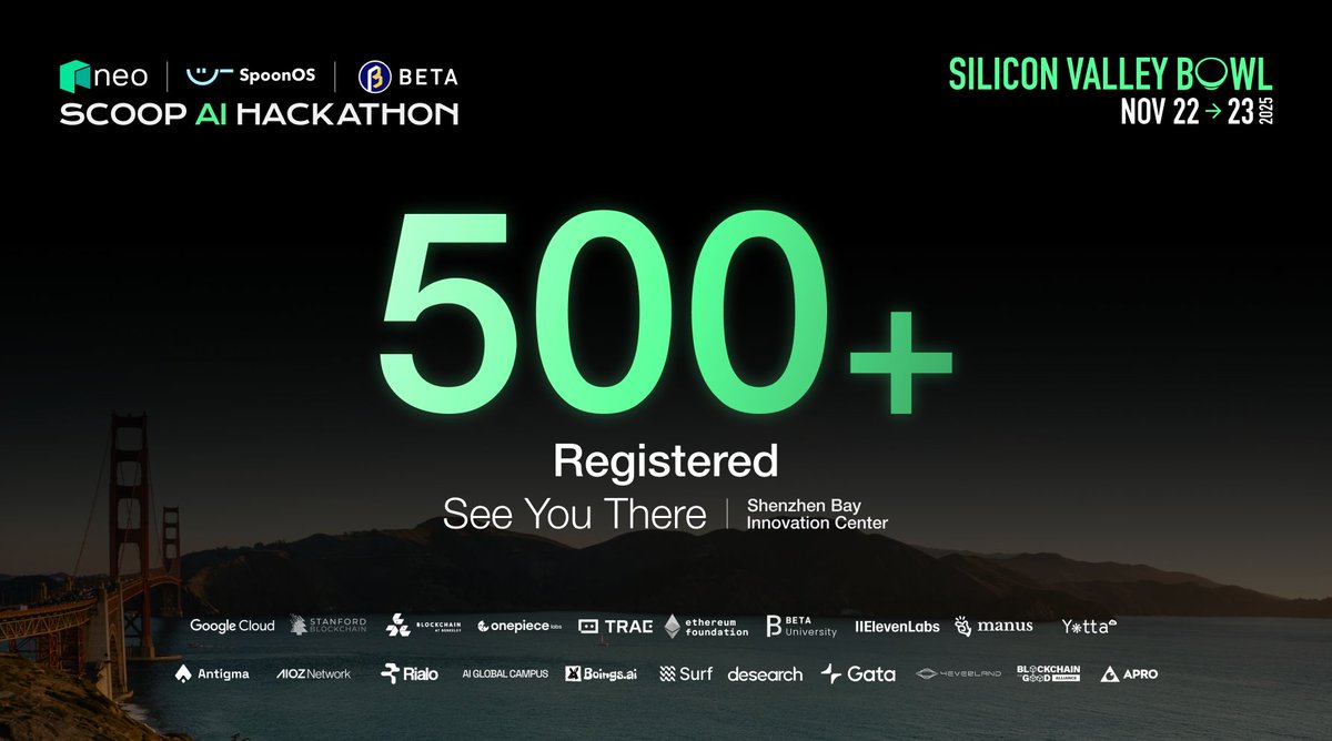 SpoonOS_ai's tweet image. ⏳ 3 days to go! 
500+ builders are in — and the numbers keep climbing!

AI + blockchain ideas turn real. 
Prototypes take shape. 
Futures get built.

Scoop AI Hackathon: Silicon Valley Bowl | Nov 22–23
🎟️ Register now: luma.com/yld1p7gc