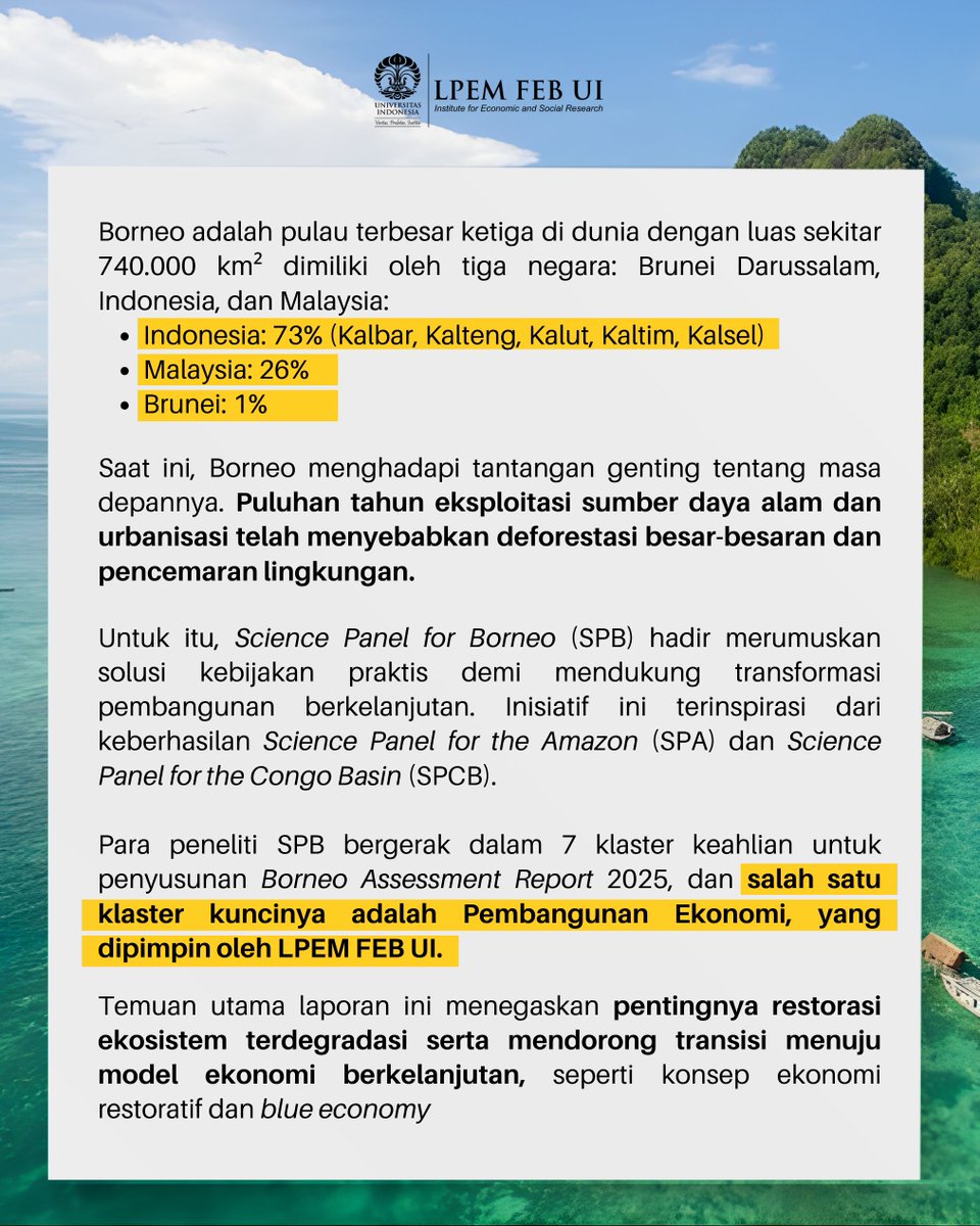 LPEMFEBUI's tweet image. Science Panel for Borneo (SPB), sebuah inisiatif yang terinspirasi dari keberhasilan Science Panel for the Amazon (SPA) dan Science Panel for the Congo Basin (SPCB), resmi memperkenalkan kegiatannya melalui rangkaian acara perdana di COP30 sebagai bagian dari soft launching.…