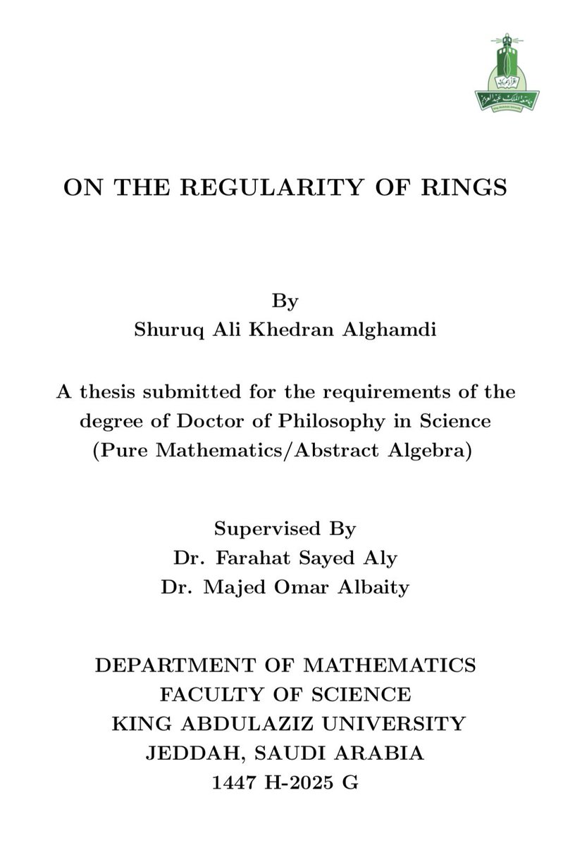 يهنىء قسم الرياضيات الباحثة شروق علي خضران الغامدي لاجتيازها مناقشة رسالة الدكتوراه كما يشكر لجنة المناقشة المكونة من د. أنور صالح الوردي ممتحناً خارجياً و أ.د. محمد موسى الشمراني ممتحناً داخلياً ولمشرفي الباحثة د. فرحات سيد محمد ود. ماجد عمر البيتي على الإنجاز.