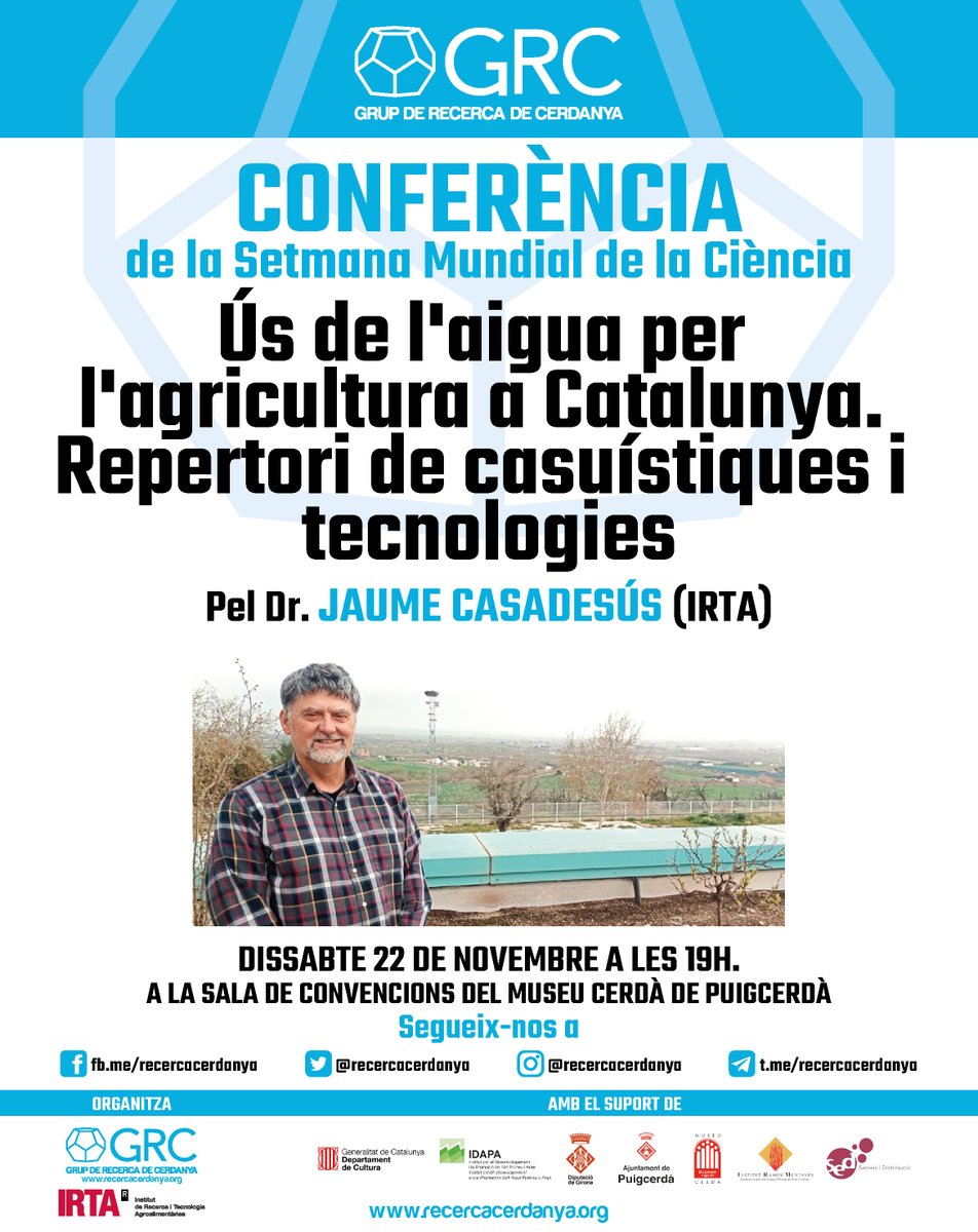 Aquest dissabte, en ocasió de la Setmana Europea de la Ciència, tindrem la conferència "Ús de l'aigua per l'agricultura a Catalunya. Repertori de casuístiques i tecnologies", a càrrec del Dr. Jaume Casadesús, de l’<a href="/irtacat/">IRTA</a>.

📅 Dissabte 22
🕖 19.00h
📍 Museu Cerdà

Us hi esperem!