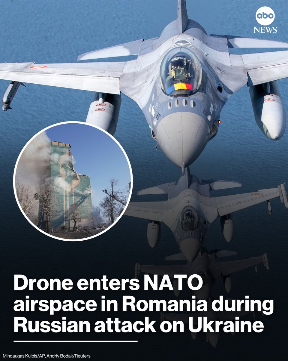 ABC's tweet image. NATO fighter jets were scrambled and ground-based air defense systems put on the highest level of alert in Poland and Romania during a massive and deadly overnight Russian attack on targets across Ukraine, military officials in Warsaw and Bucharest said. abcnews.link/SUbiX3z