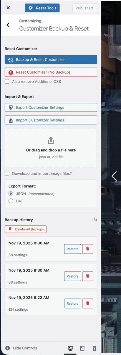 wpzoom's tweet image. 🚀 Customizer Backup &amp;amp; Reset v2.0 is here!

What&apos;s new:
- Backup before reset
- Import/Export Customizer Settings
- Redesigned UI &amp;amp; New Customizer Section
- Backup history &amp;amp; more!

Download the plugin for free -&amp;gt; wordpress.org/plugins/custom…