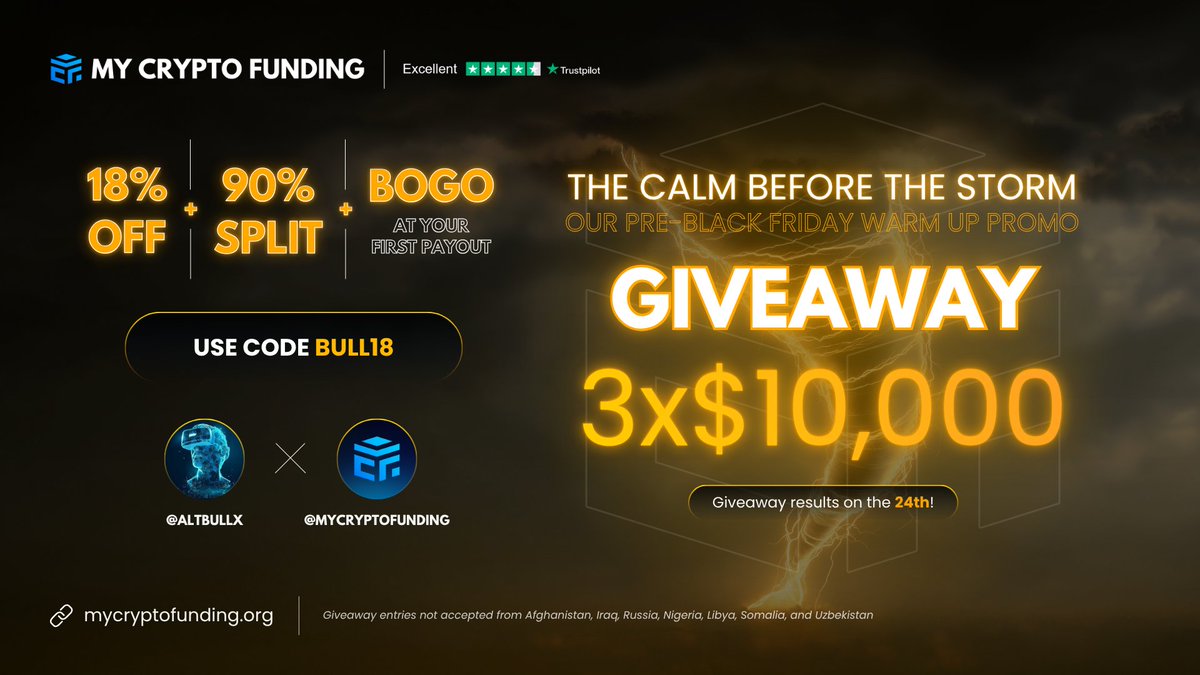 altbullx's tweet image. GIVEAWAY: THE CALM BEFORE THE STORM

Giving away ( $10000×3 ) challenge accounts to my users.

** INSTRUCTIONS

- follow @altbullx
- Follow @MyCryptoFunding
- Like and Repost
- Tag 3 Friends

Results will be announced on 24th.