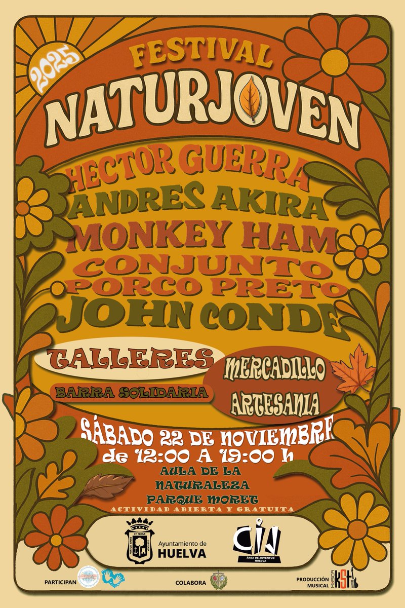 FESTIVAL NATURJOVEN 2025 
Sábado 22 de Noviembre 
Horario: 12:00 - 19:00 
Lugar: Aula de la Naturaleza Parque Moret  
Conciertos, talleres, mercadillo...  
Entrada libre y gratuita huelva.es/juventud
<a href="/AytoHuelva/">Ayuntamiento Huelva</a> <a href="/cijhuelva/">Centro de Informacion Juvenil Municipal de Huelva</a>