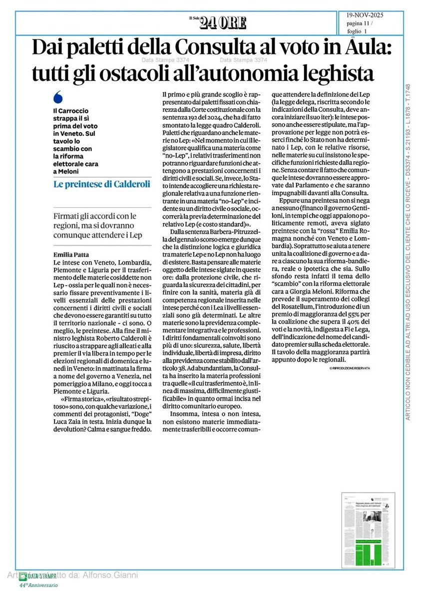 Il significato politico interno alla maggioranza nell'accelerazione sulle pre-intese sull'autonomia differenziata voluta dal ministro Calderoli: lo scambio con la riforma della legge elettorale che sta a cuore alla Meloni.
<a href="/emiliapatta/">emiliapatta</a> su Il Sole 24 Ore del 19 novembre 2025