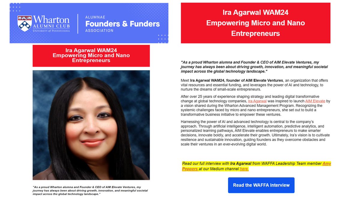 IraAgarwal1's tweet image. Honored and humbled to be featured by the Wharton Alumnae Founders &amp;amp; Funders Association (WAFFA) on Global Women’s Entrepreneurship Day.