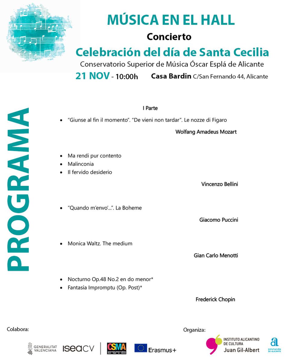csmalicante's tweet image. 🎶 Este viernes a las 10:00h celebramos el Día de Santa Cecilia en la Casa Bardin (Alicante) con un concierto lleno de ópera, cámara y piano interpretado por nuestros alumnos. Entrada libre hasta completar aforo. #CSMA #Alicante #SantaCecilia #MúsicaEnElHall #Concierto