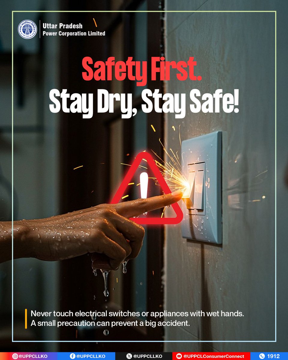 UPPCLLKO's tweet image. Your safety is in your hands — keep them dry! Avoid using switches or plugs with wet hands to prevent electric shocks.
#ElectricalSafety #StaySafe #PowerWithCare 
@CMOfficeUP
@EMofficeUP
@aksharmaBharat
@mduppcl
