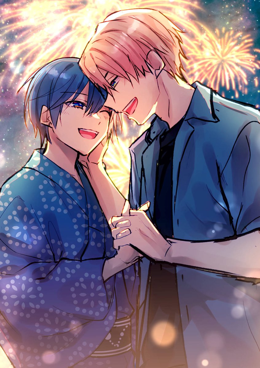 友瞬7巻の表紙ラフ（左）とボツラフ（右） #創作BL 今回は夏祭りの