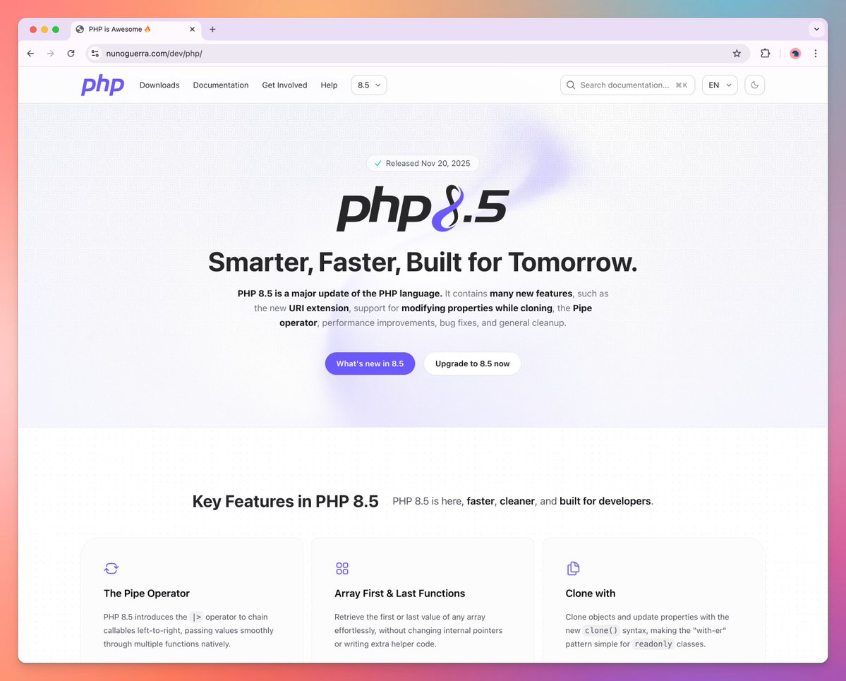 nunowar's tweet image. Here&apos;s the final version of the PHP 8.5 website design I created, updated with all the changes requested by the @ThePHPF. I hope the team implements it exactly as designed on the official site. You can preview it here: nunoguerra.com/dev/php/