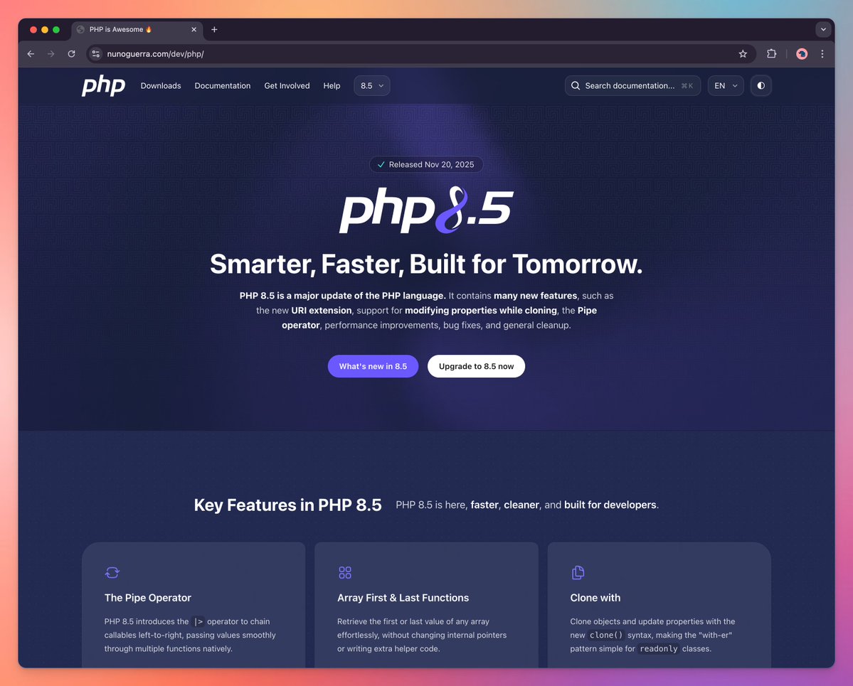 nunowar's tweet image. Here&apos;s the final version of the PHP 8.5 website design I created, updated with all the changes requested by the @ThePHPF. I hope the team implements it exactly as designed on the official site. You can preview it here: nunoguerra.com/dev/php/