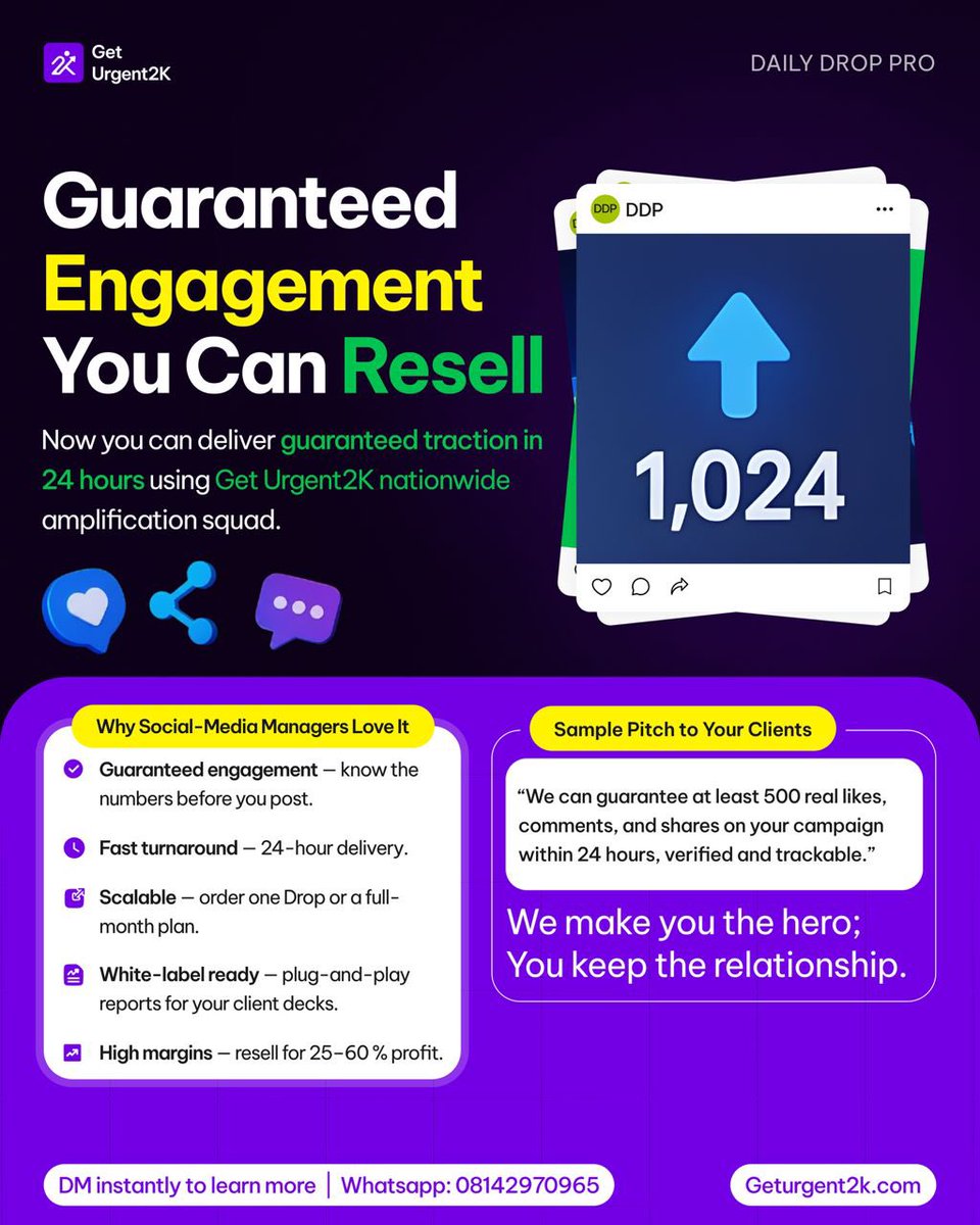 Geturgent2k's tweet image. Social media managers, are you tired of campaigns flopping?

Daily Drop Pro gives you 500–6,000 verified Nigerian actions in 24 hours, fully white-label.

Earn 25–60% margins
Plug and play reports ready for your client decks

Comment “DDP” + your niche and I’ll DM you the details