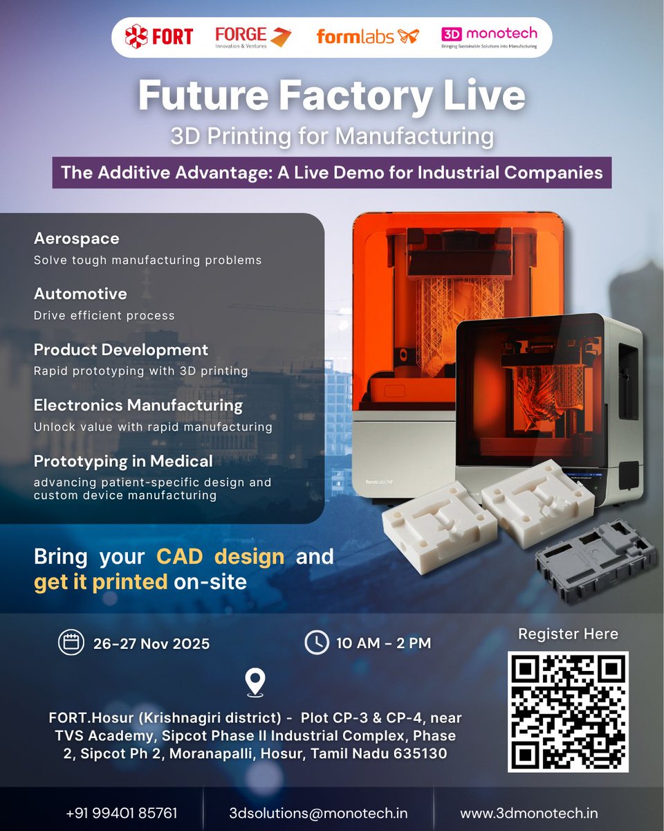 3dMonotech's tweet image. 🚀 Future Factory Live — 3D Printing for Manufacturing!
Bring your CAD file and get it printed on-site.
Live demos, real applications, and industry-grade tech.
📅 26–27 Nov | 📍 Hosur | ⏰ 10 AM–2 PM
 
Register now! forms.office.com/r/NhJ2itb27L

@formlabs @3dMonotech 

#livedemo