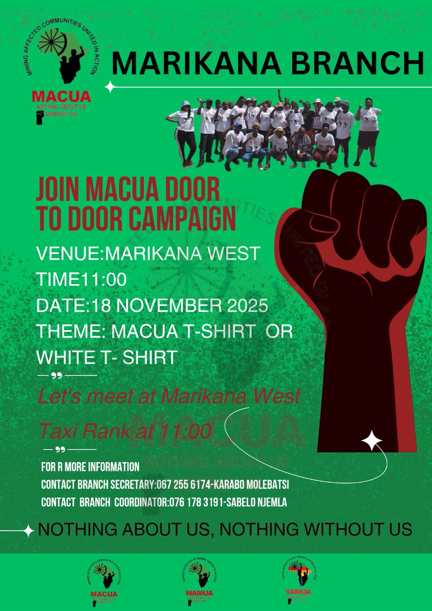 macua_sa's tweet image. Marikana is organising, and the movement is growing! ✊🏾
MACUA members are building power door-to-door, demanding FPIC and community dignity.
If you believe communities deserve a voice, join us.
Support the movement. Be part of the change.
#JoinMACUA #NothingAboutUsWithoutUs…