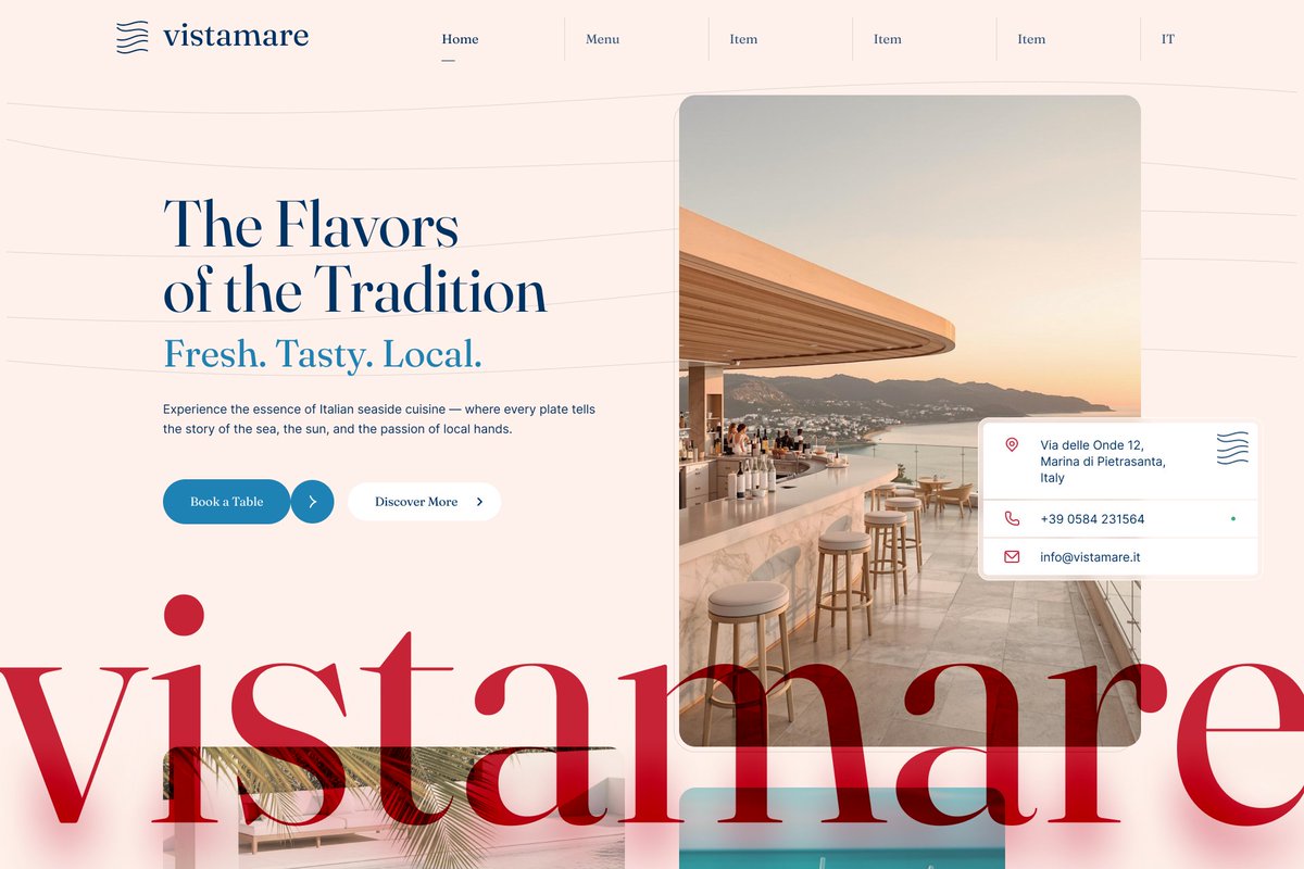 WDSGNA's tweet image. Early peek at a website design for an Italian seaside restaurant 🇮🇹✨ Fresh seafood, sunset views, and coastal vibes 🦀🦐🦪

#WebDesign #WebsiteDesign #UIDesign #RestaurantBranding #CreativeWork