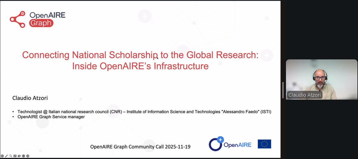 OpenAIREGraph's tweet image. Happening now! #OpenAIREGraph Service Manager @claudioatzori explores how national #research outputs can gain global visibility &amp;amp; impact through the #OpenAIRE Graph.
Missed out? Get all past recordings &amp;amp; presentations here graph.openaire.eu/community-calls