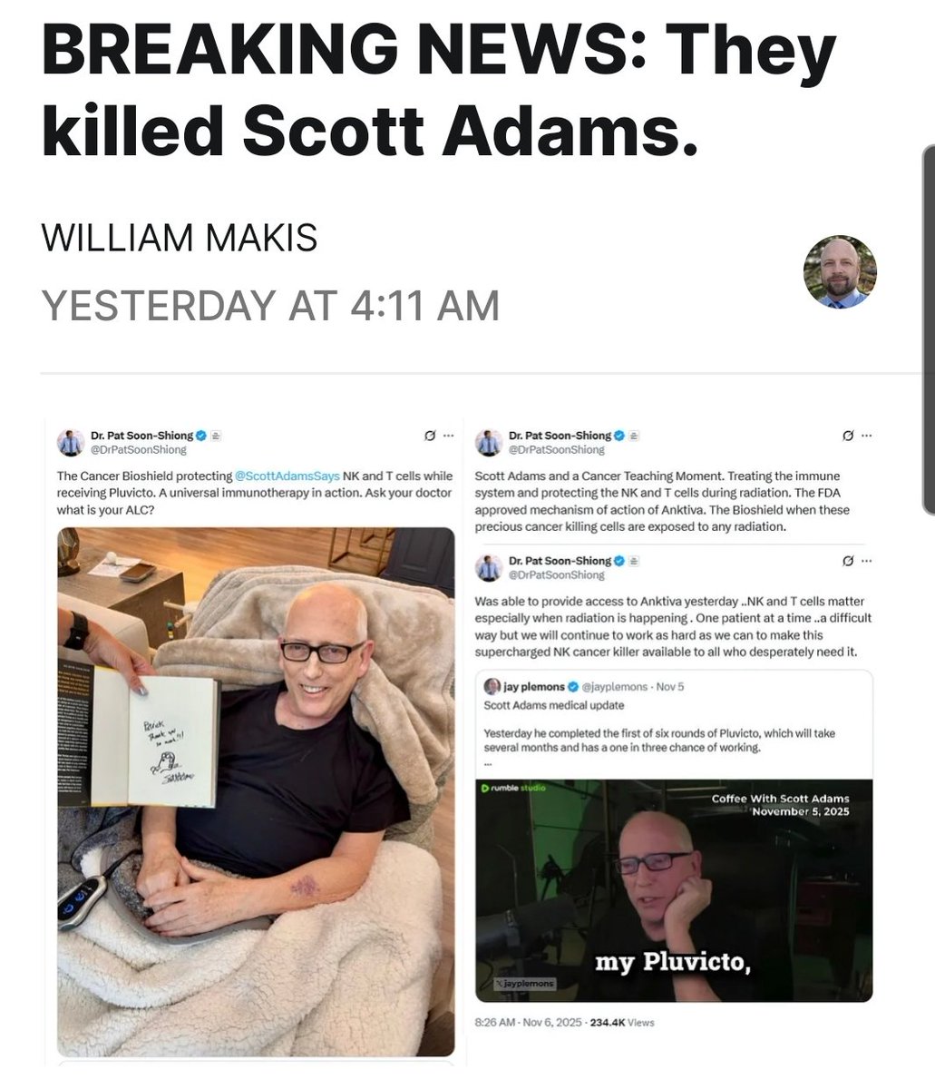 protocolkills's tweet image. By William Makis -
&quot;Scott Received Pluvicto (Keiser) + Anktiva (Bioshield)

They killed him. 

Dr.Pat owns Bioshield which makes Anktiva, an immune infusion that stimulates NK-cells and T-cells to multiply. Anktiva is supposed to stimulate the immune system to attack the cancer…