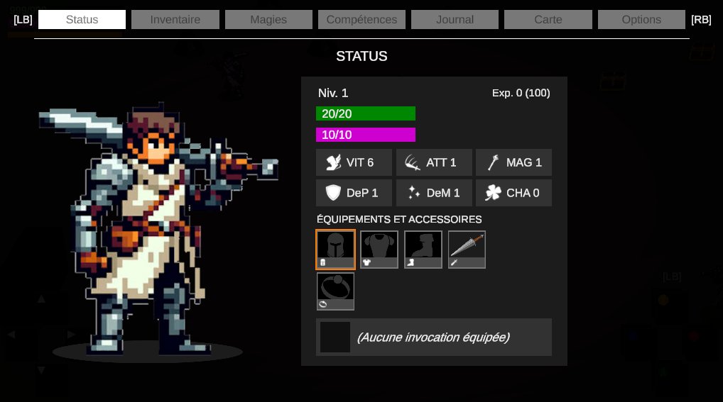 And there we go—the general player status tab is done… well, at least a solid version 1.0!
So now I’ve completed the "Status", "Inventory", "Magic", and "Skills" tabs.
Really happy with the development progress! 🎉
#gamedev #indiedev #videogames