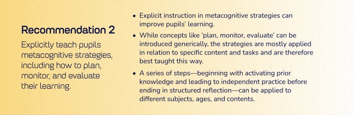NcleRSN's tweet image. Recommendation 2 of the EEF&apos;s Metacognition GR suggests we move beyond &apos;Try harder&apos; to &apos;Try this strategy&apos;. Explicitly teach Knowledge of Self, Task, and Strategy so pupils can select the right tool. #Metacognition #EEF