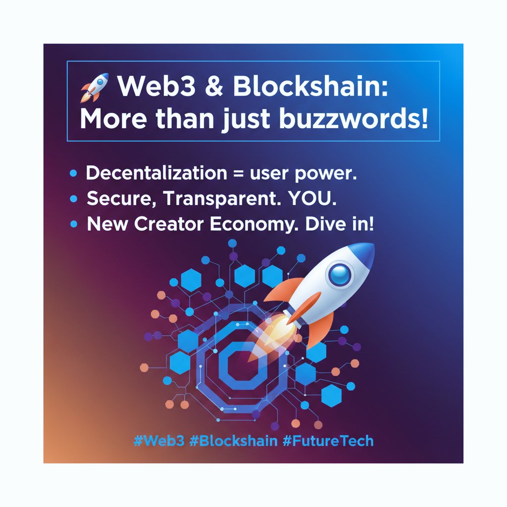 Muktharmuhd11's tweet image. 🚀 Web3 &amp;amp; Blockchain: More than just buzzwords!
​Decentralization is reshaping the internet, giving power back to users. Think secure data, transparent transactions, and a whole new creator economy. Dive in! #Web3 #Blockchain #FutureTech