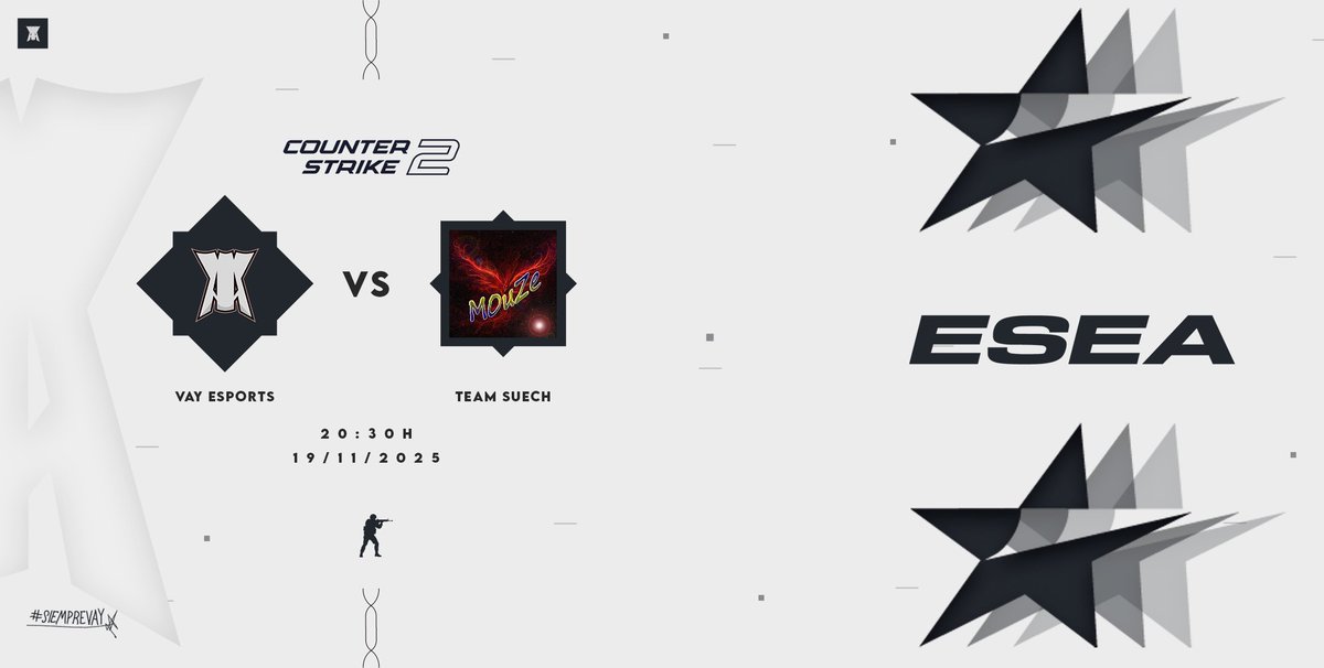 eSportsVAY's tweet image. GAMEDAY | #VAYCS2

🏆 @ESEA 
🆚 #TEAMSUECH
⏰ 20:30
📺 twitch.tv/vay_esports
✍️ Ultima jornada de la fase regular con mucho en juego todavía!!!

👤 @v999dka 
👤 @RODROOcs 
👤 @nEBcss 
👤 @EPGamer_ 
👤 @dM_css 

#SiempreVAY #CS2 #CS #ESEA