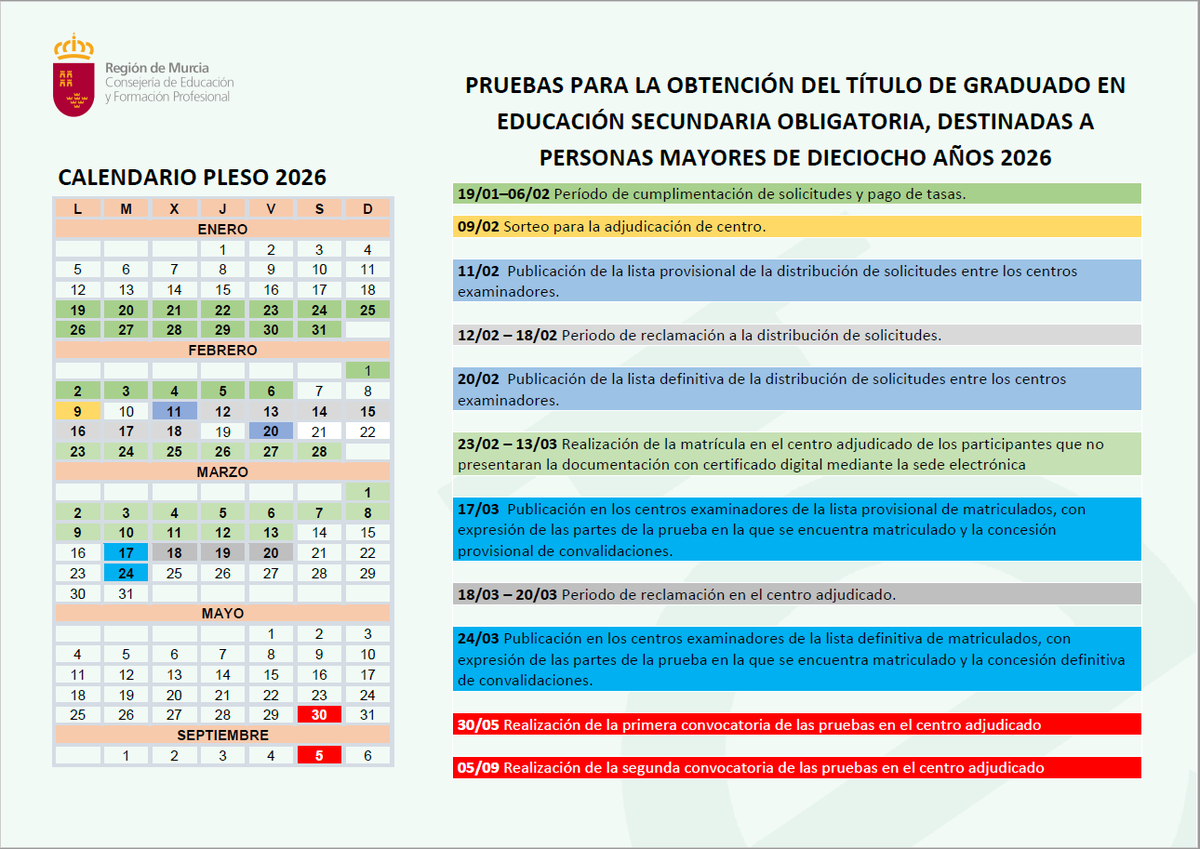 📢 Pruebas para la obtención del título de Educación Secundaria Obligatoria para personas adultas 2026. 
📝 Periodo de inscripción de solicitudes del 19 de enero al 6 de febrero de 2026. 
🔗 sede.carm.es/web/pagina?IDC… #NuncaEsTardeParaAprender
<a href="/Educarm/">Educarm</a>