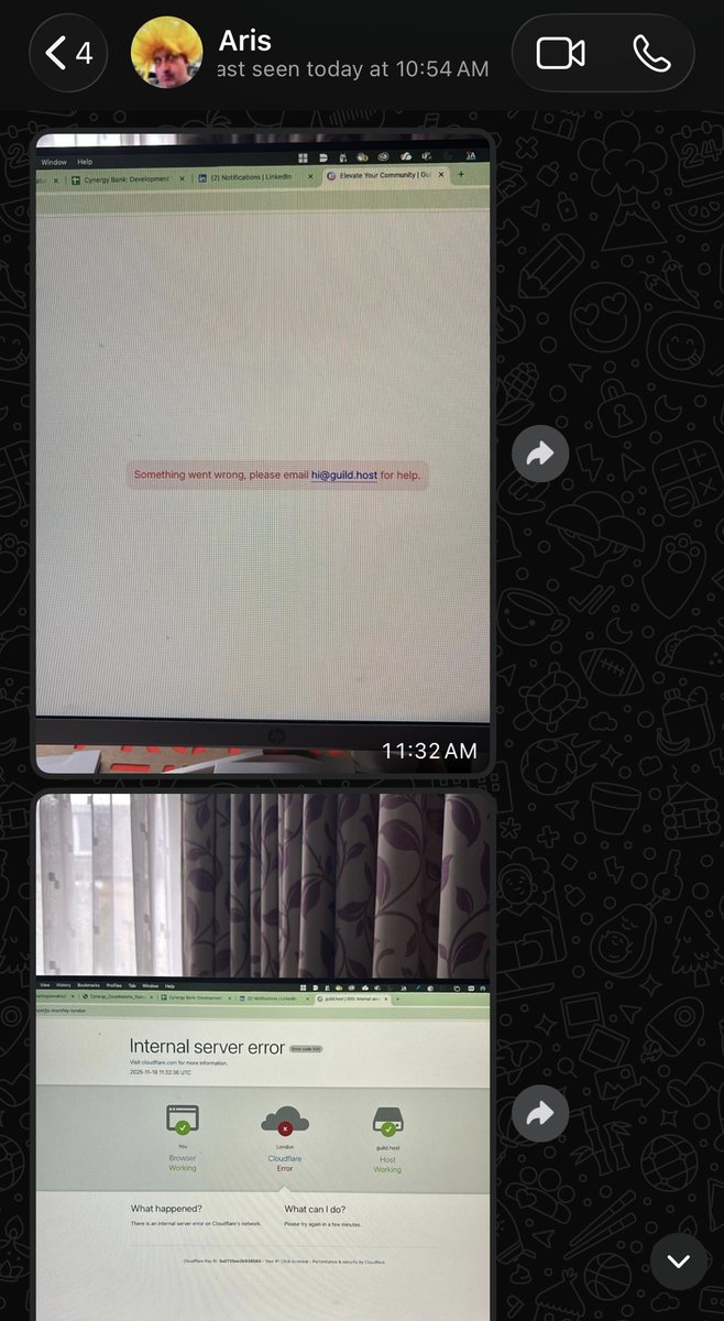 tazsingh's tweet image. Yesterday&apos;s Cloudflare outage: &quot;Team investigated elevated [...] errors&quot; at 11:32am

@arismarko at 11:32am: Hey Taz, looks like something&apos;s going on

Does Aris live in the cloud? 🤔 Better response time than Cloudflare&apos;s automated systems 😂