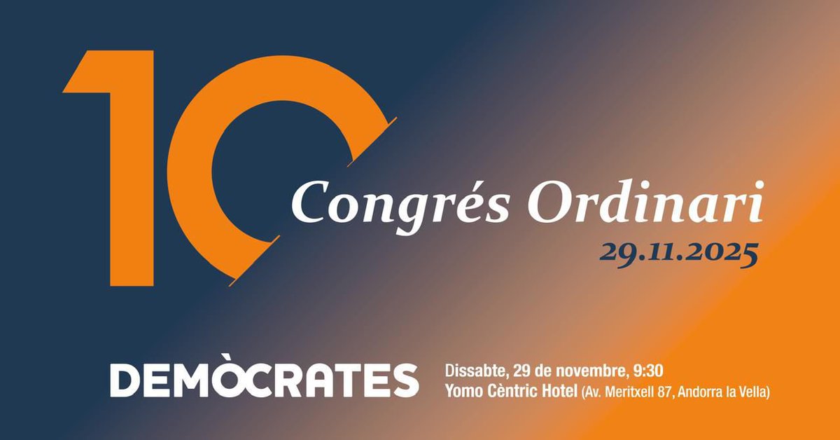 🔸El proper dissabte 29 de novembre celebrarem el nostre 10è Congrés Ordinari! 

🙌Debatrem ponències sobre grans temes de país i renovarem la nostra Executiva, tal com marquen els estatuts

⏰9:30 hores
📍Yomo Cèntric Hotel d’Andorra la Vella

👥Obert a afiliats i simpatitzants!