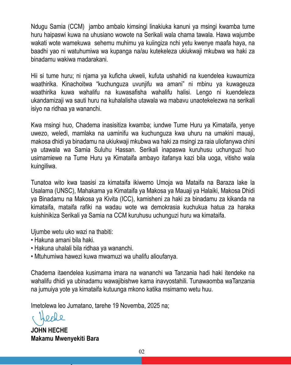 MSIMAMO WA CHADEMA KUHUSU TUME ILIYOANDALIWA KUCHUNGUZA KILE KINACHOITWA "MATUKIO YA UVUNJIFU WA AMANI" BAADA YA UCHAGUZI WA OKTOBA 29, 2025.