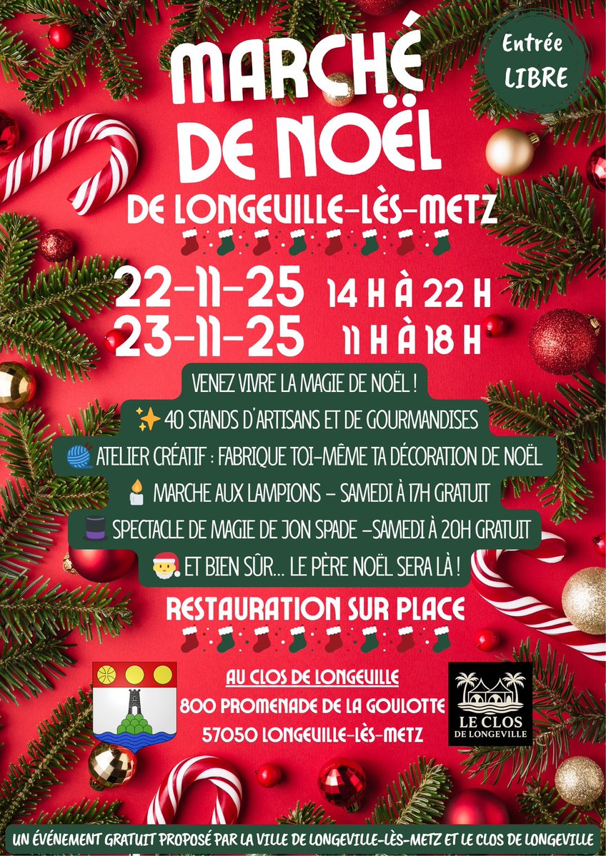 𝗠𝗮𝗿𝗰𝗵𝗲́ 𝗱𝗲 𝗡𝗼𝗲̈𝗹 : 𝗟𝗼𝗻𝗴𝗲𝘃𝗶𝗹𝗹𝗲-𝗹𝗲̀𝘀-𝗠𝗲𝘁𝘇 𝗽𝗿𝗲́𝘃𝗼𝗶𝘁 𝘂𝗻 𝘄𝗲𝗲𝗸-𝗲𝗻𝗱 𝗺𝗮𝗴𝗶𝗾𝘂𝗲 🤩
📍Ne manquez pas ce somptueux marché ! Le Clos de Longeville se met aux couleurs de Noël avec 40 stands, un atelier créatif, une marche aux lampions