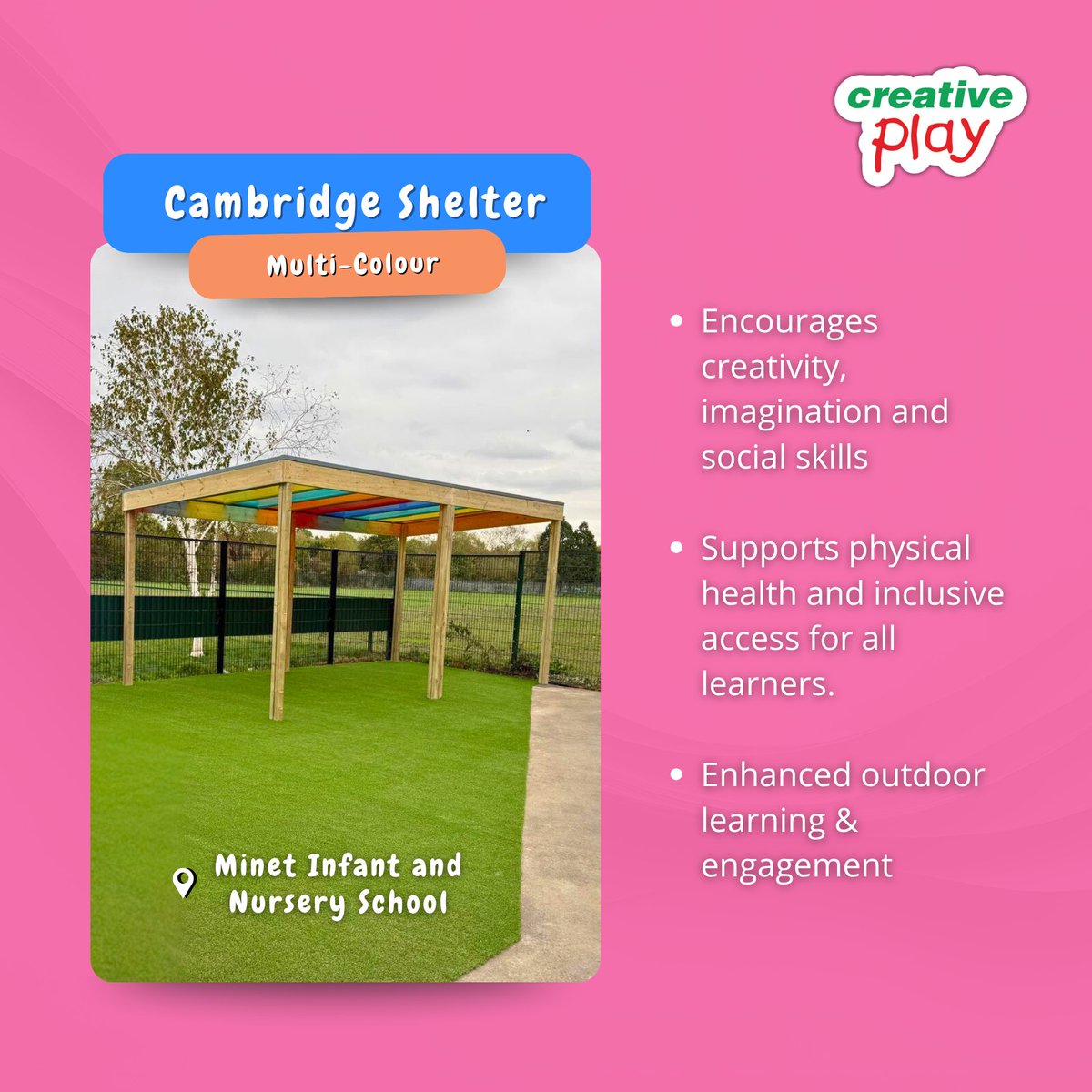 The bright, multi-colour Cambridge Shelter keeps kids shaded &amp; dry, so playground fun can go on all year round 🛝

Explore our full range of shelters 👉 zurl.co/IaBGL

#OutdoorPlay #OutdoorLearning #PlaygroundDesign #CambridgeShelter