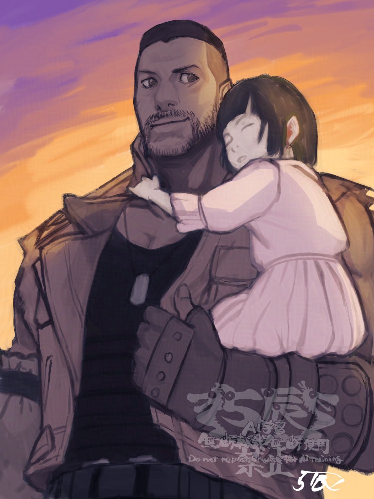 1日1絵　26枚目
 #いい育児の日　だそうで

結構ほったらかしてるけどいい子に育ってるんだからいい育児！(強弁)な

FF7/バレット/マリン/rkgk