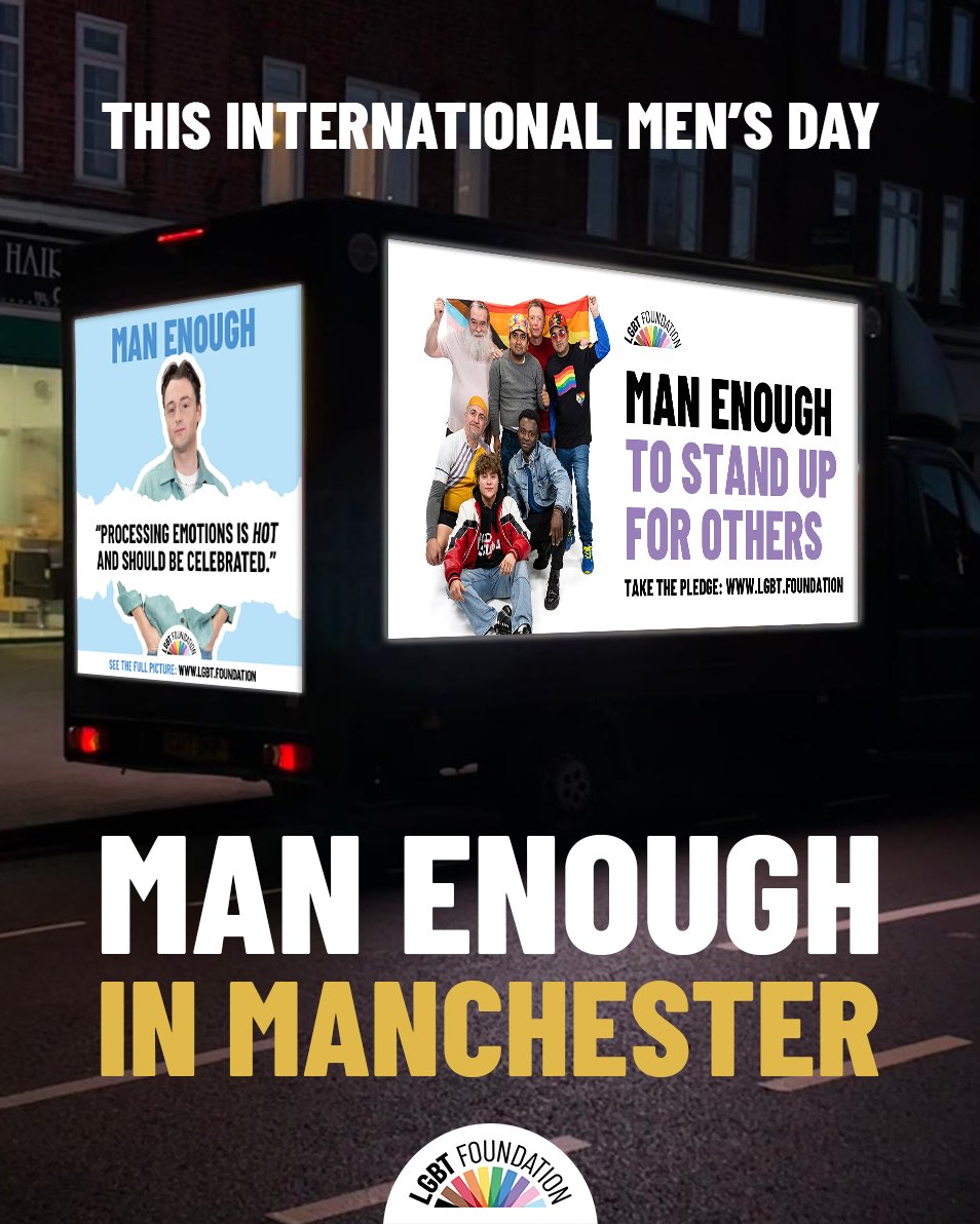 LGBTfdn's tweet photo. It's International Men's Day! 🎉
What does it really mean to "be a man"? Thanks to the generosity of @360DisplayMediaGroup, we're on the ground in Piccadilly Place from 5:30pm promoting a positive, inclusive vision of masculinity.
#InternationalMensDay #ManEnoughToBeMe https://t.co/tslb0Hijun