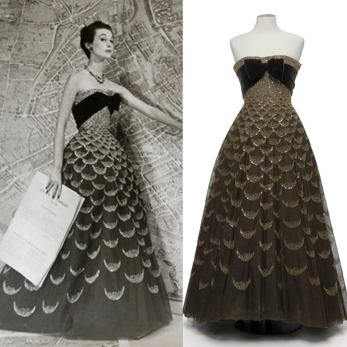 vickyhaddock's tweet image. American photographer Louise Dahl-Wolfe was born #OnThisDay in 1895. In her photograph, Plan de Paris, Mary Jane Russell is modelling Christian Dior&apos;s A/W 1951 &apos;Mexique&apos; evening gown made from embroidered synthetic tulle and adorned with a velvet bow.
@madparisfr #fashionhistory