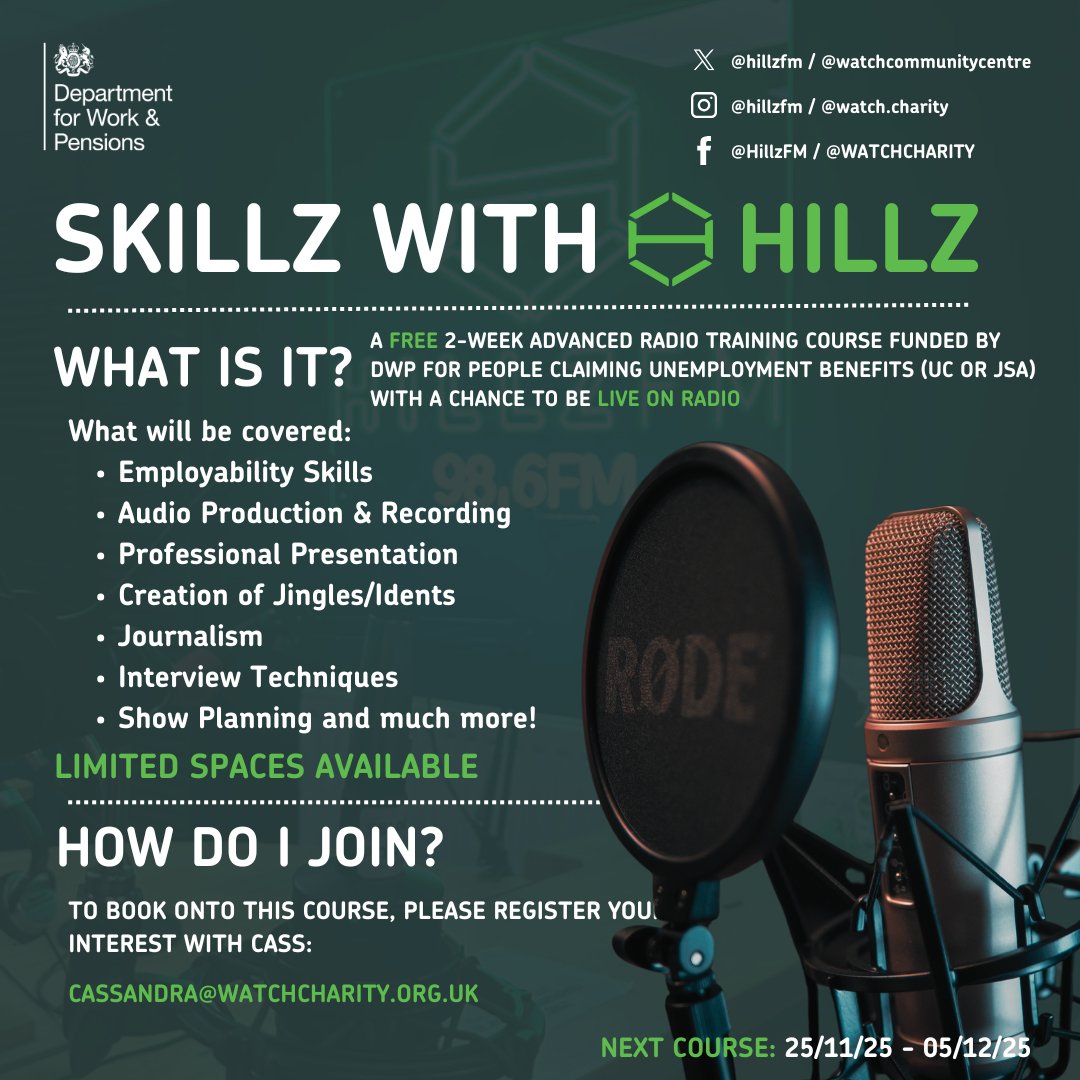 Last one of the year! Skillz with Hillz is back and we’d love to have you join us.
Want to learn radio, build confidence and meet new people? This is your moment.
Email Cass at cassandra@watchcharity.org.uk to secure your spot!
#HillzFM #WATCHCentre #RadioTraining