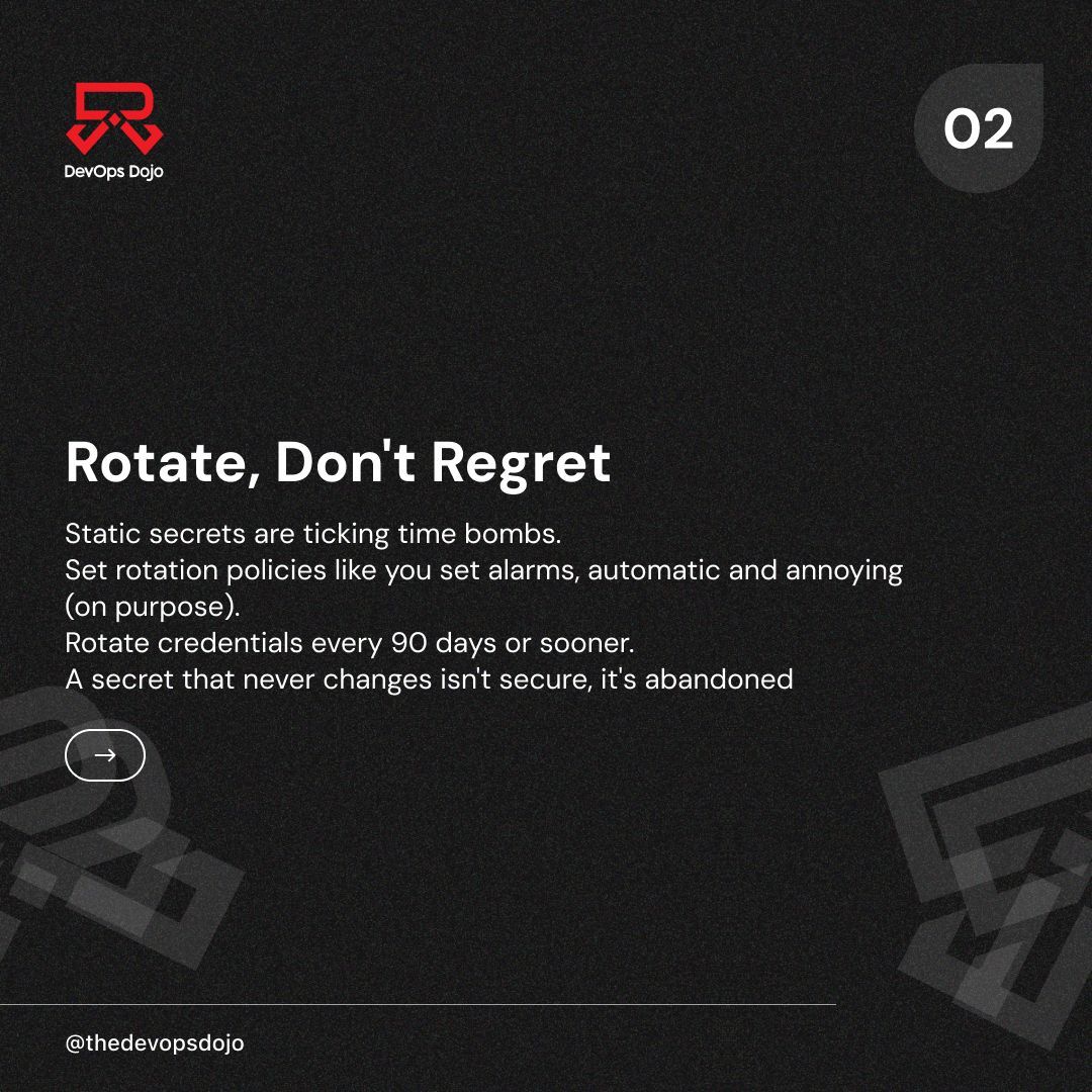 thedevopsdojo's tweet image. Secrets management goes beyond hiding values in .env files. In modern DevOps, security requires centralized secret stores, access control, and automated rotation. Here’s how to manage secrets the right way and keep your systems truly secure.
#DevOps #CyberSecurity #SRE