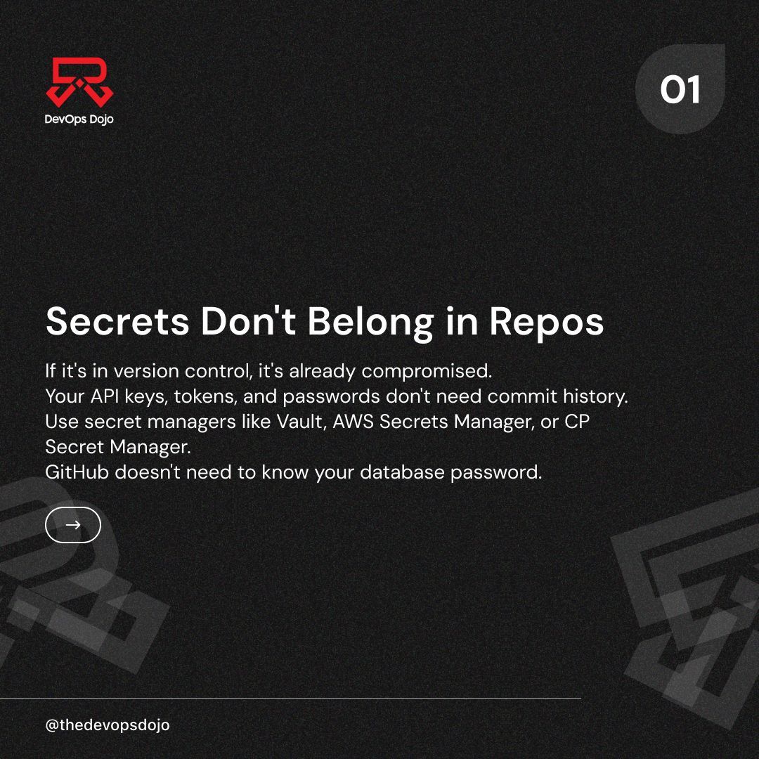 thedevopsdojo's tweet image. Secrets management goes beyond hiding values in .env files. In modern DevOps, security requires centralized secret stores, access control, and automated rotation. Here’s how to manage secrets the right way and keep your systems truly secure.
#DevOps #CyberSecurity #SRE