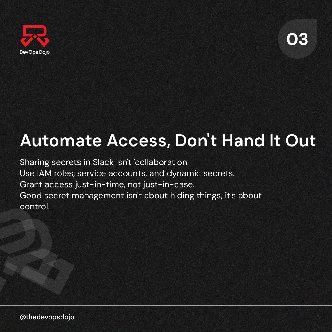 thedevopsdojo's tweet image. Secrets management goes beyond hiding values in .env files. In modern DevOps, security requires centralized secret stores, access control, and automated rotation. Here’s how to manage secrets the right way and keep your systems truly secure.
#DevOps #CyberSecurity #SRE