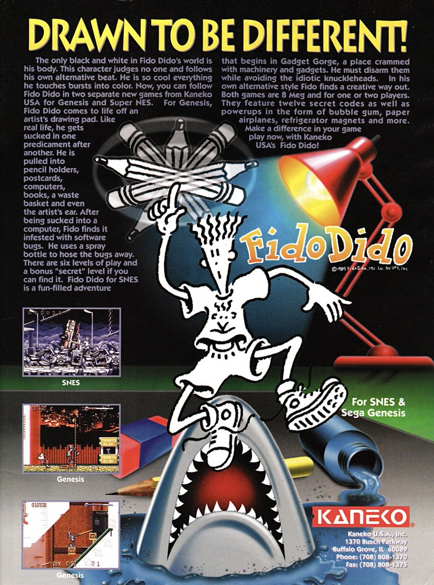 JoachimHesse's tweet image. Neben Spot hatte Limohersteller #7Up noch weitere Maskottchen für Werbung. Eines davon heißt #FidoDido zu dem #Kaneko ein Spiel für #MegaDrive und #SNES veröffentlichen wollte. Anzeigen wie diese wurden 1993 bereits geschaltet, doch dann ging die Firma pleite. Ein Rom existiert.