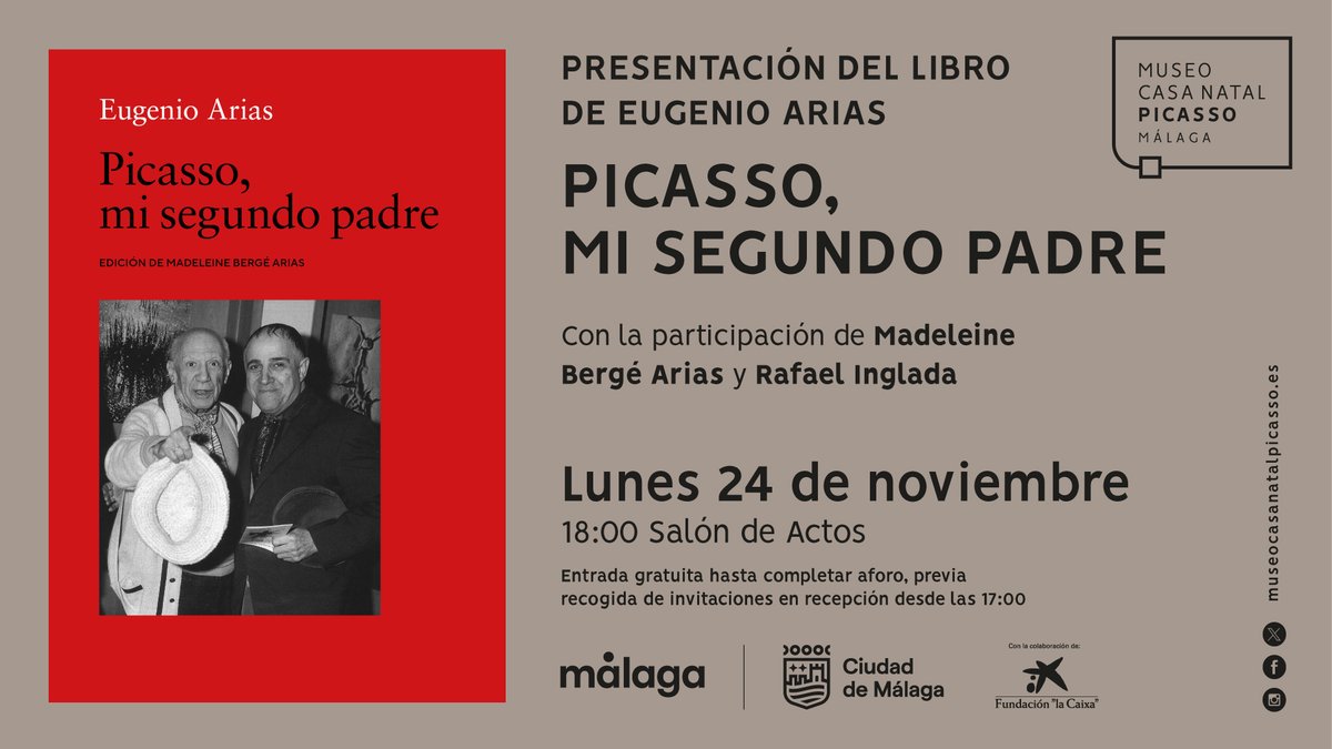 📖 Presentamos el libro de Eugenio Arias 'Picasso, mi segundo padre', unas memorias sobre el artista malagueño que han permanecido inéditas hasta ahora.
Con Madeleine Bergé Arias, encargada de la la edición, y Rafael Inglada, que ha establecido el texto.

museocasanatalpicasso.malaga.eu/actividades/de…