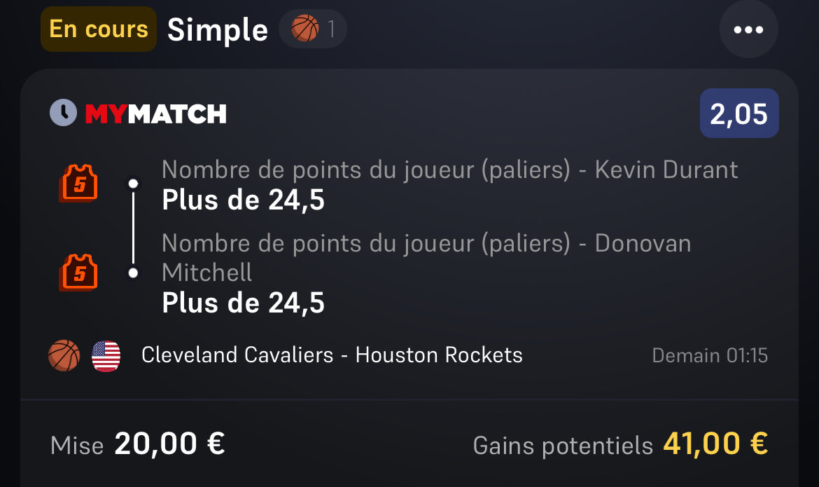 FastBreakTips's tweet image. #NBA 

🗓️ 19-11

🎯 3 Bets : 

Drummond over 23,5 points/rebonds 
@ 1,68 💰 1.5% 

Sengun over 16,5 rebonds/assists 
@ 1,74 💰 1.5% 

Durant 25 points + Mitchell 25 points
@ 2,05 💰 1% 

Je suis dans l’avion je m’envole, rdv demain pour faire le bilan 📈 💵 

RT ♻️ / Fav ❤️ si tu…