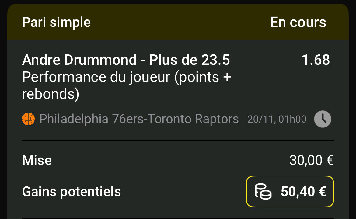 FastBreakTips's tweet image. #NBA 

🗓️ 19-11

🎯 3 Bets : 

Drummond over 23,5 points/rebonds 
@ 1,68 💰 1.5% 

Sengun over 16,5 rebonds/assists 
@ 1,74 💰 1.5% 

Durant 25 points + Mitchell 25 points
@ 2,05 💰 1% 

Je suis dans l’avion je m’envole, rdv demain pour faire le bilan 📈 💵 

RT ♻️ / Fav ❤️ si tu…