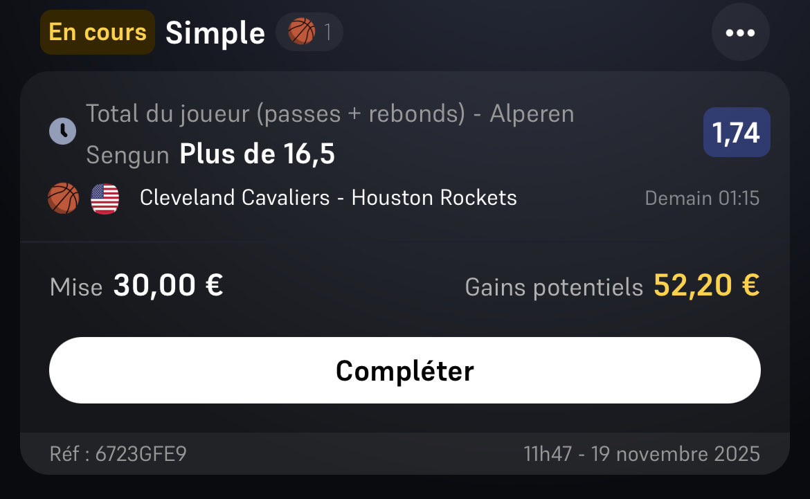 FastBreakTips's tweet image. #NBA 

🗓️ 19-11

🎯 3 Bets : 

Drummond over 23,5 points/rebonds 
@ 1,68 💰 1.5% 

Sengun over 16,5 rebonds/assists 
@ 1,74 💰 1.5% 

Durant 25 points + Mitchell 25 points
@ 2,05 💰 1% 

Je suis dans l’avion je m’envole, rdv demain pour faire le bilan 📈 💵 

RT ♻️ / Fav ❤️ si tu…
